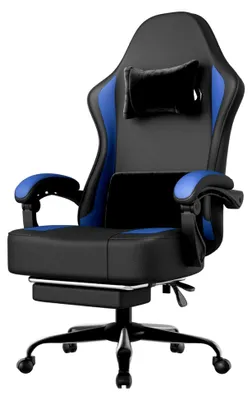 Produktbild von Gaming-Stuhl mit Taschenfederkernpolsterung und Fußstütze, ergonomischer Computerstuhl für Erwachsene, atmungsaktiver Gaming-Stuhl aus Kunstleder (Blau)