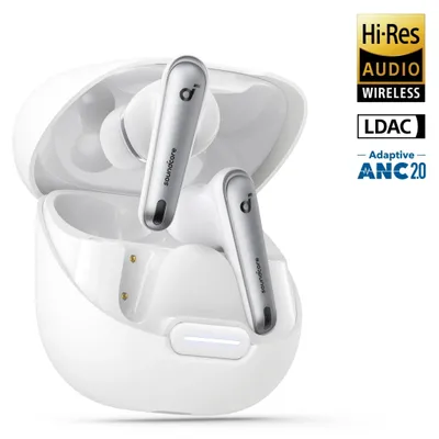 A pair of white and silver true wireless earbuds with their charging case, along with marketing badges.