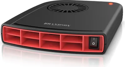 A black and red car heater is shown on a white background.