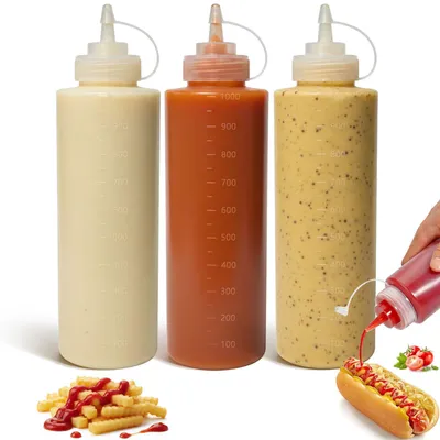 Produktbild von Squeeze Flasche - 3 Stück Set mit je 1000ml Fassungsvermögen - Quetschflasche aus Plastik für Saucen und Öl