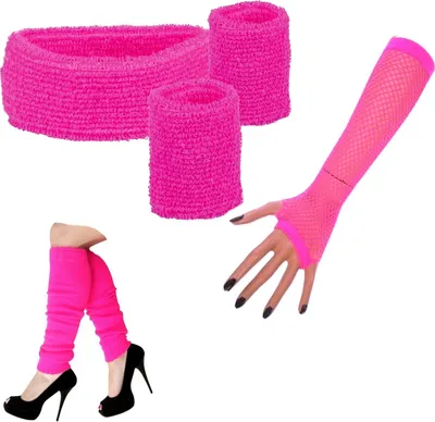 Produktbild von Neon Pink Schweißbänder Set Stirnband Beinstulpen Handschuhe 80er 90er Jahre (Schweißbänder+Stulpen+Handschuhe)
