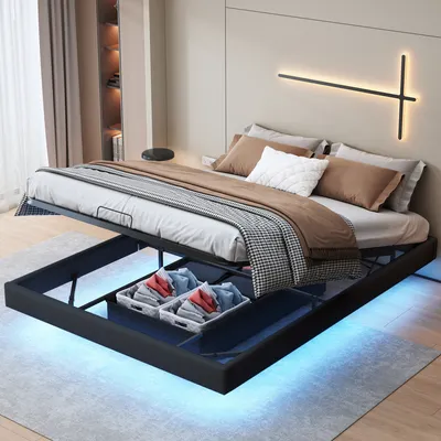Produktbild von ProximaX 160x200cm Doppelbett mit LED, Leinenbezug, Bettgestell und Lattenrost, Hydraulikablage, Ehebett, Einfache Montage, Beige