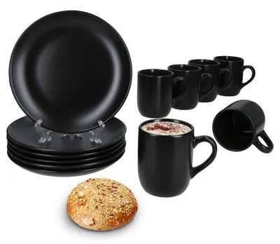 Produktbild von 12tlg Frühstücksset Panther Steingut schwarz 6 Personen Teller Kaffeebecher