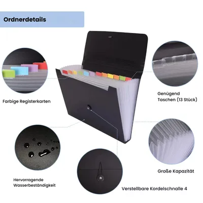 Produktbild von A4 Zettelmappe schwarz, 13 Fächer, wasserabweisend, mit farbigen Registern, Kordelverschluss, für Büro, Schule, Dokumente, Rechnungen, Visitenkarten