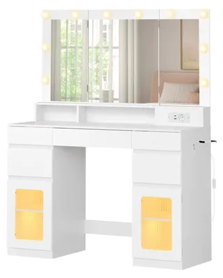 Imagen del producto de Tocador – Mesa de maquillaje con 3 espejos plegables, 10 luces LED, estación de carga, 5 cajones, 104 x 40 x 144 cm, color blanco