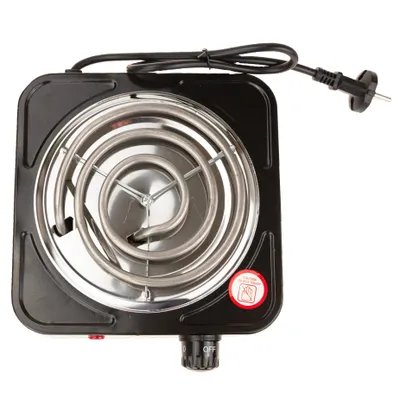 A top-down view of a black electric coil stove against a white background.