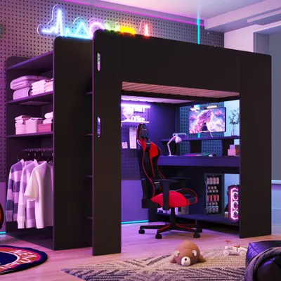 Produktbild von Gaming-Holz-Hochbett mit Schreibtisch, Kleiderschrank, LED-Licht & USB-Ladefunktion, MDF in Schwarz, 140x200cm