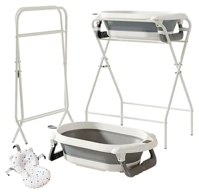 Produktbild von Faltbare Babybadewanne – Ständer, Thermometer und Badekissen, Für Neugeborene bis 12 Monate (Grau)