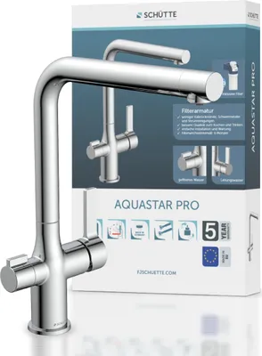 A product box for a kitchen faucet with a faucet shown in front of it.