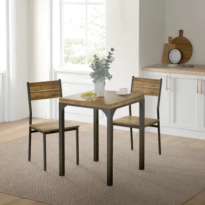 Produktbild von Essgruppe 3-teilig, Esstisch-Set mit 2 Stühlen, Küchentisch Landhausstil, Rustikal-Braun | 60x60x76 cm | MDF + Metall | bis 2 Personen