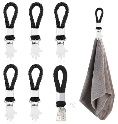 Produktbild von 6 Handtuchklammern zum Aufhängen, Handtuchklammern mit Schlaufen, Handtuchhalter, schwarze Handtuchklammern, Handtuchklemmen mit Haken für Handtücher, Handtuchhalter für Geschirrtücher