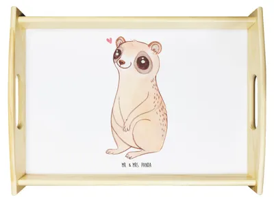 Produktbild von Mr. & Mrs. Panda Serviertablett Plumplori Glücklich - Weiß - Geschenk, Niedlich, Glück, Tablett, Deko, Servier, aus holz, Lustige Sprüche, Sofa