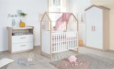 Produktbild von Komplettes Babyzimmer: Kinderbett 60 x 120 cm, Wickelkommode, Kleiderschrank - CABANE - ROBA - Eiche / Weiß