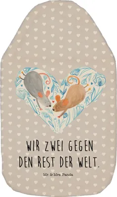 Produktbild von Mr. & Mrs. Panda Wärmflasche Mäuse Herz - Grau Pastell - Geschenk, Wärmflaschen, Liebe, naturkautschuk, Wärmekissen, Freundin, mit Bezug, Maus, Liebesspruch, Bettflasche