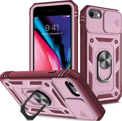 Image de Etui pour iPhone SE 2022/iPhone 8 / 7 / 6s / 6 protection coulissante de l'appareil photo, résistant aux chocs, avec porte-anneau, support et porte-cartes Rouge Rose