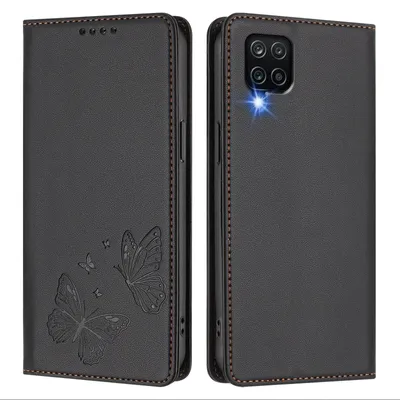 Image de Étui en cuir pour Samsung Galaxy A12, étui de protection type portefeuille en cuir gaufré « papillon » avec support, noir