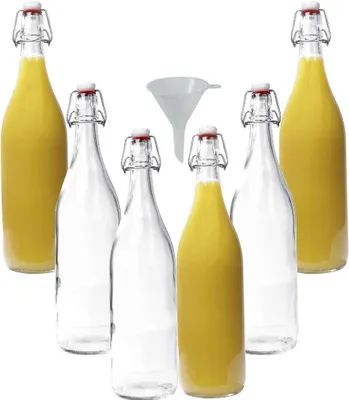 Productafbeelding van Glazen fles 1 liter met beugelsluiting van porselein incl. trechter - Set van 6 - Transparant