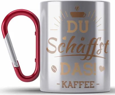 Produktbild von Trendation - Lustiger Spruch Kaffeetrinker Kaffeeliebhaber Kaffee Spruch Edelstahl Tasse Karabiner für Büro Arbeit Du Schaffst das (Rot)
