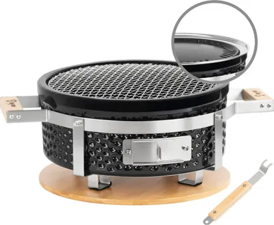 Image de BBQ-Toro Céramique Gril de table rond, Ø 29,5 cm, Gril japonais avec support en bois, Gril Hibachi