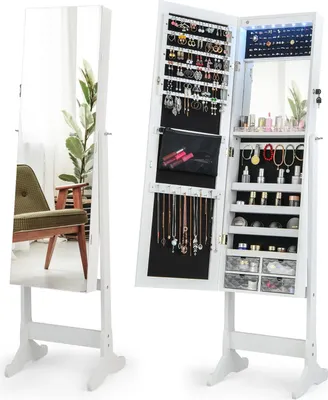 Produktbild von GOPLUS Schmuckschrank mit Spiegel, Spiegelschrank mit LED-Licht, Schmuckständer Schmuckaufbewahrung abschließbarer, Weiß