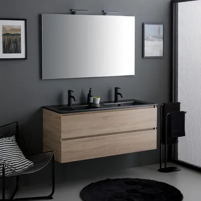 Immagine prodotto di Mobile bagno sospeso 120cm rovere con lavabo nero, specchio e lampada | Berlin