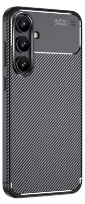 A black carbon-look phone case with a camera cutout is shown against a white background.