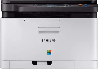 A front view of a Samsung Xpress C480W color laser printer, scanner, and copier with WLAN.