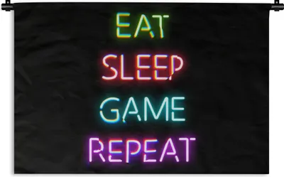 Produktbild von MuchoWow® Wandteppich Wandbehang Gaming - Led - Zitat - Eat sleep game repeat - Gaming 90x60 cm Tapisserie Dekoration Wandtuch - Wandskulpturen - Bildteppich
