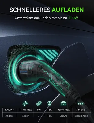 Obrázek produktu pro Nabíjecí kabel pro elektromobil, typ 2, 16 A/11 kW/třífázový/5 metrů, nabíjecí kabel pro elektromobil typu 2 na typ 2, nabíjecí kabel pro elektromobily (EV)