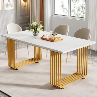 Produktbild von Tribesigns Moderný jedálenský stôl pre 6-8 osôb, 180 cm, biely jedálenský stôl, drevený kuchynský stôl so zlatými kovovými nohami, obdĺžnikový jedálenský stôl
