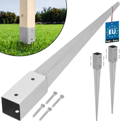 A product shot of metal ground post anchors and a wooden post with a metal sleeve, set against a grassy background.