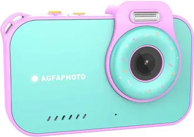 A front view of a child's digital camera with a donut-shaped lens surround.