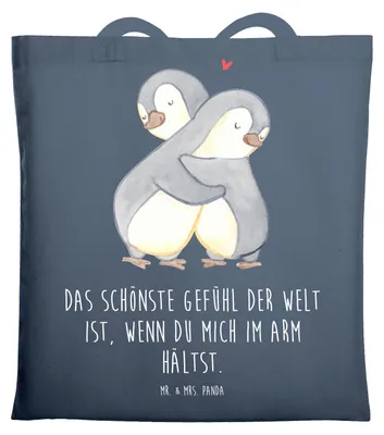 Produktbild von Mr. & Mrs. Panda Stoffbeutel Pinguine Kuscheln - Indigo Blue - Geschenk, Jutebeutel, Freundin, Schultasche, für Partner, Tote Bag, Valentinstag, Mitbringsel, Frauen