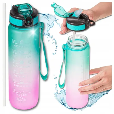 Produktbild von Motivationsflasche 1L mit Messskala und Trinkhalm Sport