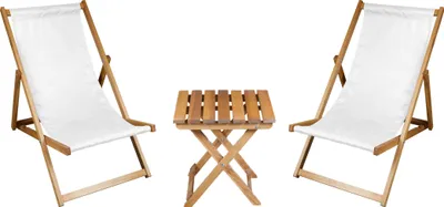 Two white deck chairs and a wooden side table are arranged on a white background.