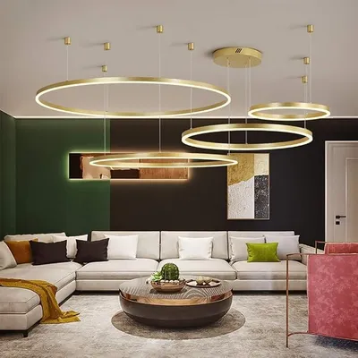 Obrázek produktu pro LED závěsné svítidlo, lampa do obývacího pokoje, závěsné svítidlo s designem lustru, moderní lampa nad jídelní stůl, hliník, kulatý design, akrylové osvětlení, stropní svítidlo, zlatá barva, průměry: 40, 60, 80 a 100 cm