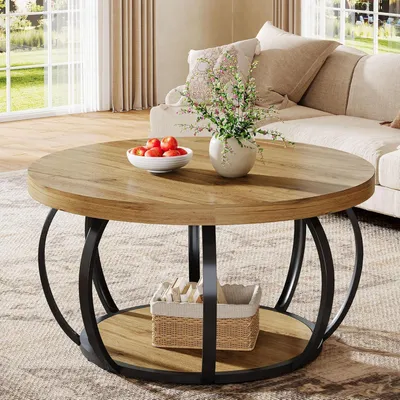 Immagine prodotto di Tribesigns Tavolino da caffè rotondo, Tavolino industriale a 2 livelli con ripiani, 80 cm Moderno tavolino in legno da salotto