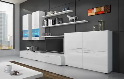Produktbild von Glanzlack Wohnwand, Wohnzimmerschrank, Anbauwand, Esszimmer mit LEDs, weiß matt und weiß lackiert, 300x42x189cm