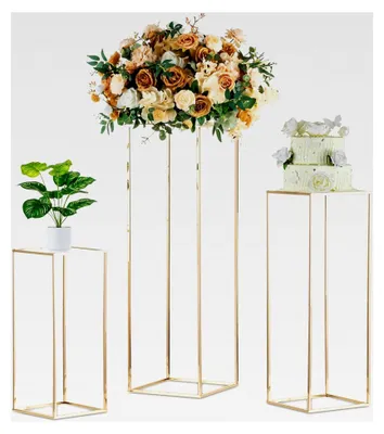 Produktbild von Goldene Blumenständer für Hochzeitsdekoration - 3 Stück Metallvasen mit Acrylplatte, hohe Bodenvasen, rechteckige Pflanzenständer, geometrische Blumenregale für Tischdekoration im Wohnzimmer