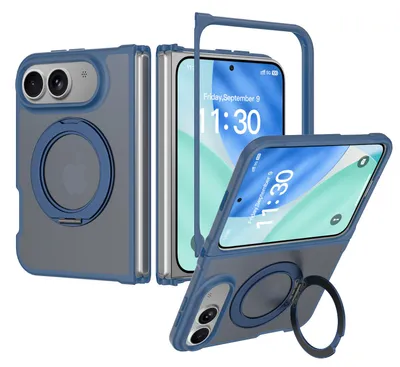 Produktbild von Magnetisch Hülle für iPhone Duo mit Ringhalter Ständer, Transluzente Matt Rückseite Stoßfeste Handyhülle Dunkelblau