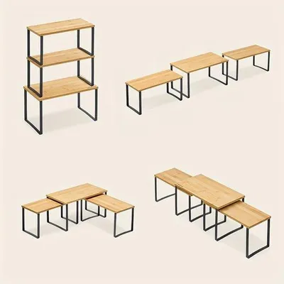 Produktbild von Famanu Set von 3 Küchenregalen – Stapelbar & Ausziehbar – Metall & Bambus – Organizer für Küche und Schrank – Platzsparendes Design
