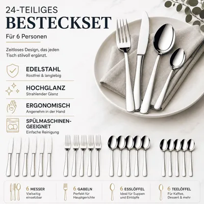 Produktbild von Besteckset 24 Teilig Besteck für 6 Personen Edelstahl Spülmaschinenfest Rostfrei