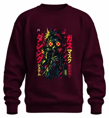 Productafbeelding van Cyberpunk gasmasker, Japanse tekst, anime, Japan, Y2K, otaku, sweatshirt, trui, bordeauxrood, XXL