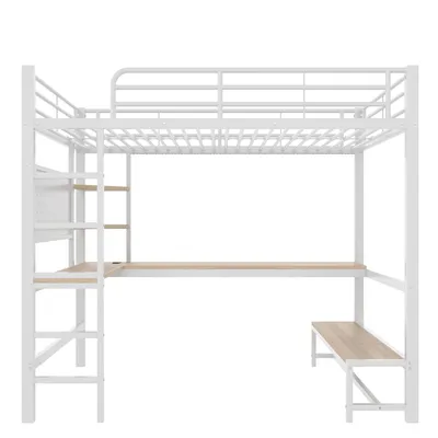 Produktbild von Merax Etagenbett Hochbett 90x200 cm, mit Schreibtisch, Lochbrett, Ablagen, Eisenbett mit LED-Leiste, USB & Type-C, Kinderbett, Stockbett, Weiß