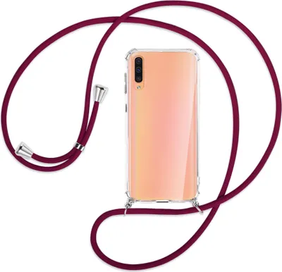 Produktbild von Handykette Backcover-Schutzhülle mit Band (Metall silberfarben) für Samsung Galaxy A50 - dunkelrot