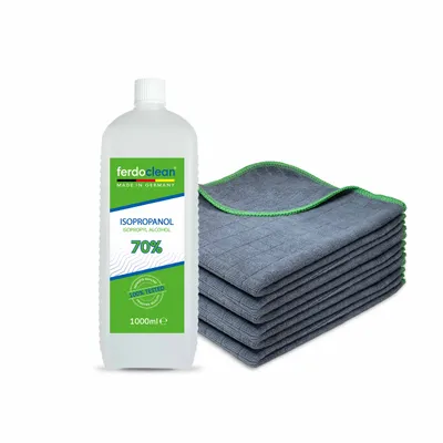 Produktbild von ferdoclean Isopropanol 70% 1L Isopropylalkohol (IPA) 2-Propanol + 6 x Microfasertücher 380GSM 40 x 40 cm grüner Rand