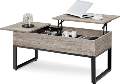 Produktbild von Yaheetech Couchtisch, Lift Top, höhenverstellbar, mit getrennten Staufächern, stabil, MDF E2 & Metall, Grau, 104,5x50x49 cm (LBH), Tischplatte 64,6x50 cm, 61 cm Lifthöhe, 90 kg Tragkraft, 29 cm Bodenfreiheit, sanft schließend mit Gasfeder.