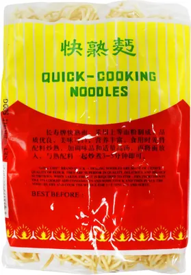 A bag of quick-cooking noodles with Chinese and English text.