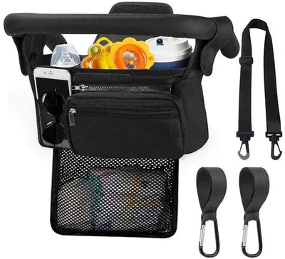 Produktbild von Kinderwagen-Organizer schwarz mit Becherhalter und Telefon-Tasche