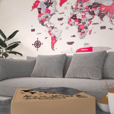 Produktbild von ColorfullWorlds 3D Holz-Weltkarte Wandkunst, UV-Druck (Crimson, 112x181cm)
